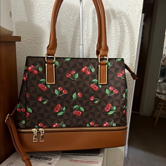 unnamed Handbags - Red and Brown Floral Satchel has zippered bottom. Comes with wallet